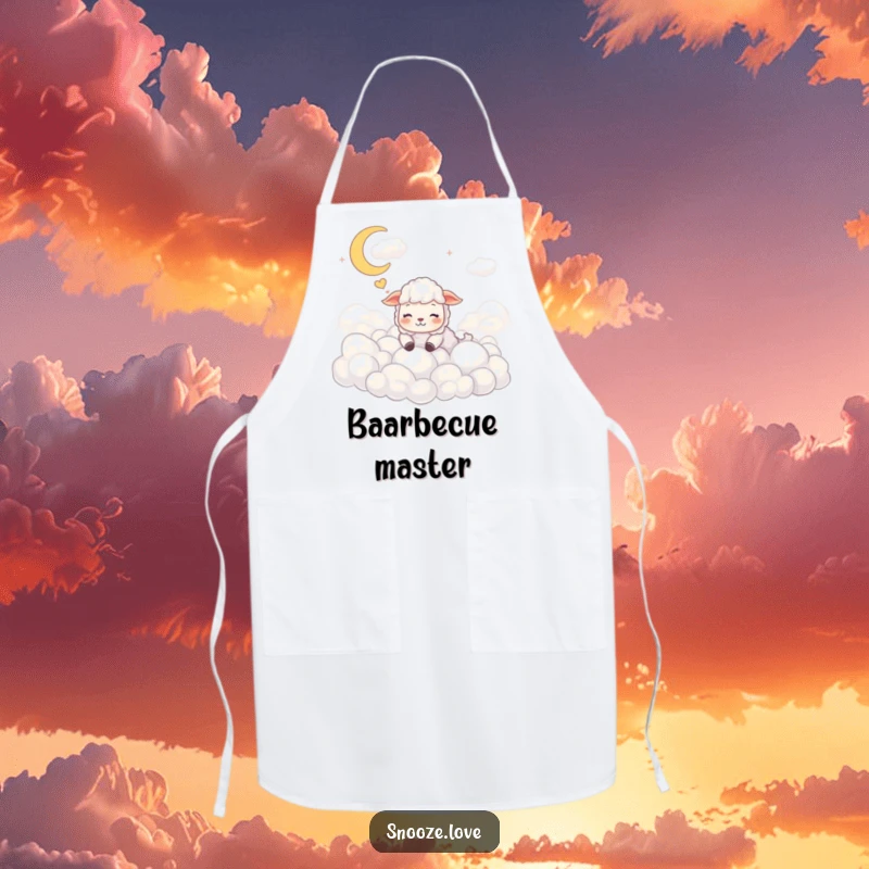 Funny sheep apron showing a dreaming sheep among clouds, bringing whimsical and humorous flair to kitchen tasks.