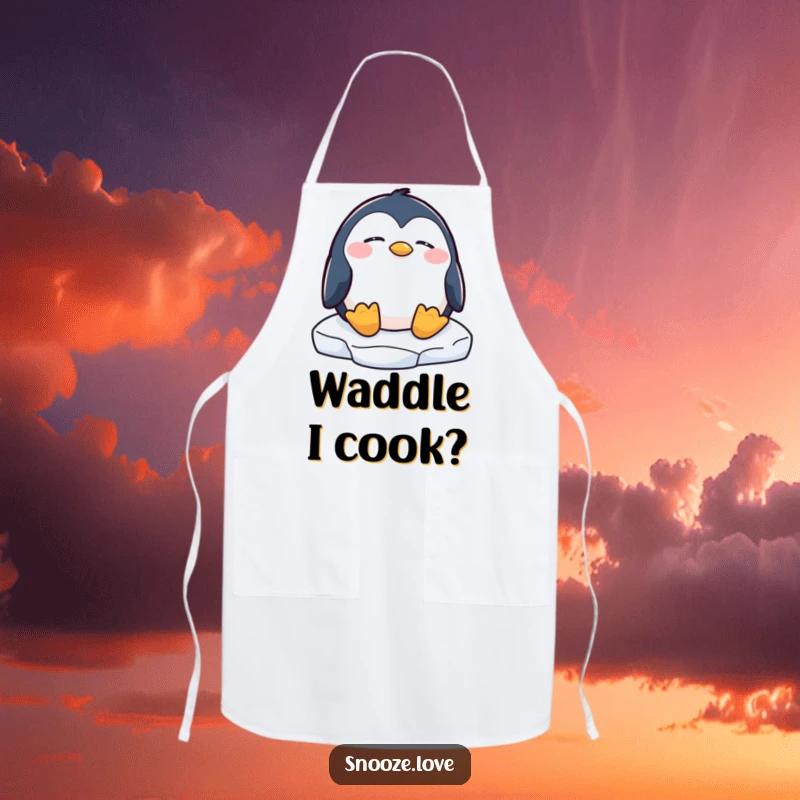 Funny penguin apron showing a sleepy penguin on an ice floe, bringing humorous arctic flair to cooking tasks.