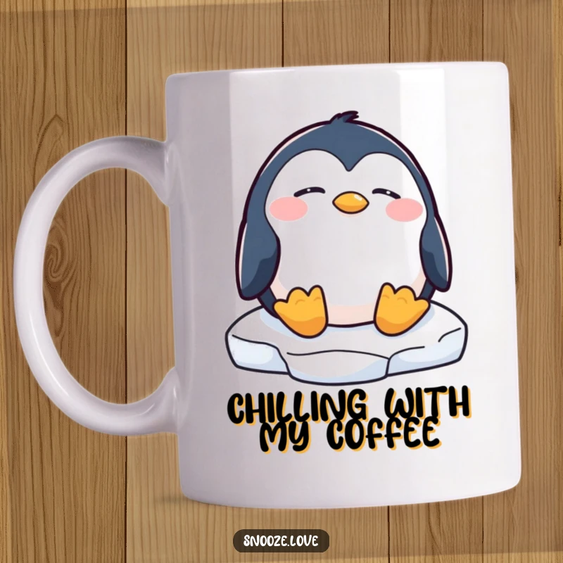 Funny penguin mug featuring a calm penguin character peacefully dozing on a small ice floe, embodying arctic tranquility.