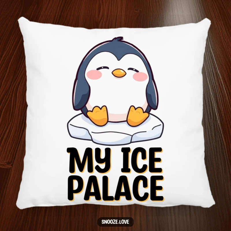 Funny penguin pillow depicting a sleeping penguin on an ice floe, providing soft comfort and charming arctic humor.