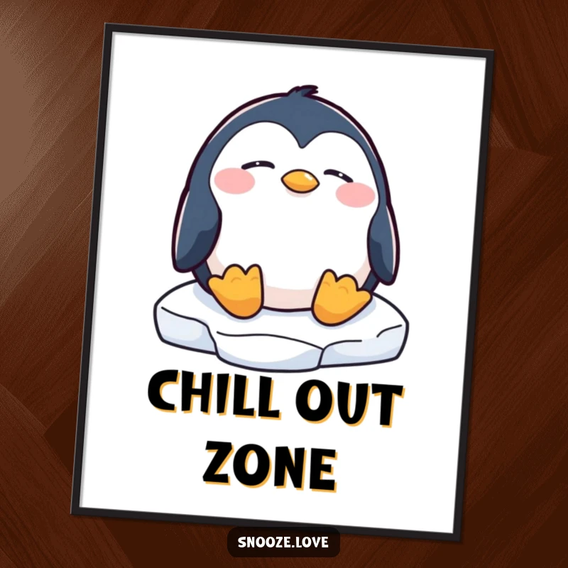 Funny penguin poster capturing a serene penguin dozing on an ice floe, bringing peaceful arctic vibes and humor.