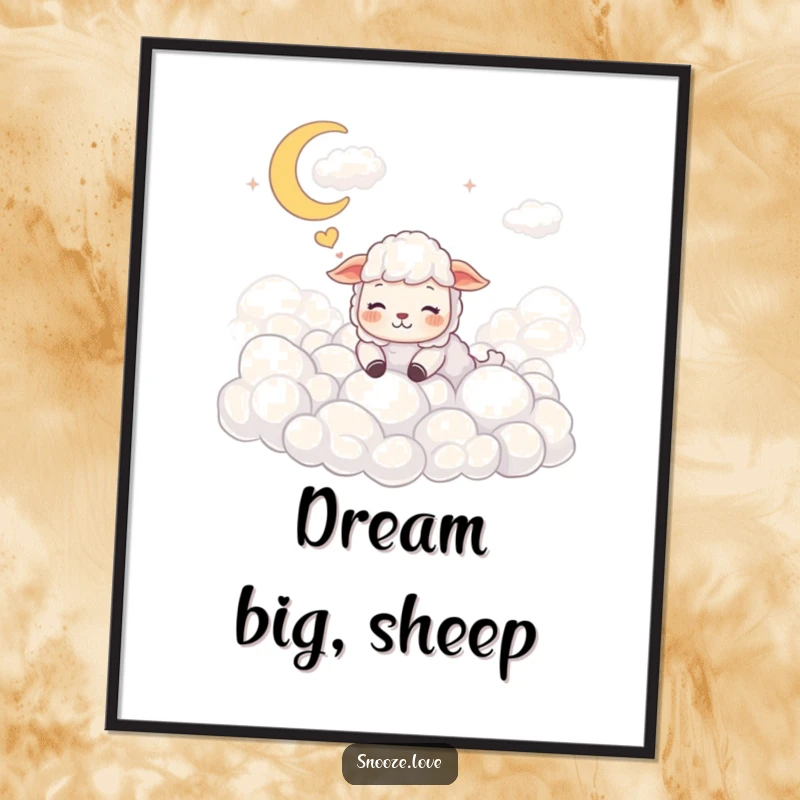 Funny sheep poster depicting a happy sheep dreaming among fluffy clouds, bringing whimsical and humorous serenity to walls.