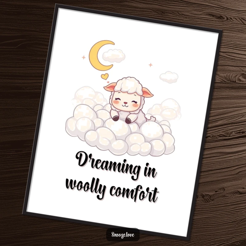 Funny Free Printable Wall Art: A happy sheep with eyes closed is dreaming peacefully amongst soft, fluffy clouds.
