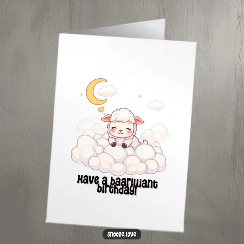 Funny Free Printable Birthday Card: A happy sheep blissfully dreaming amongst soft, fluffy clouds.