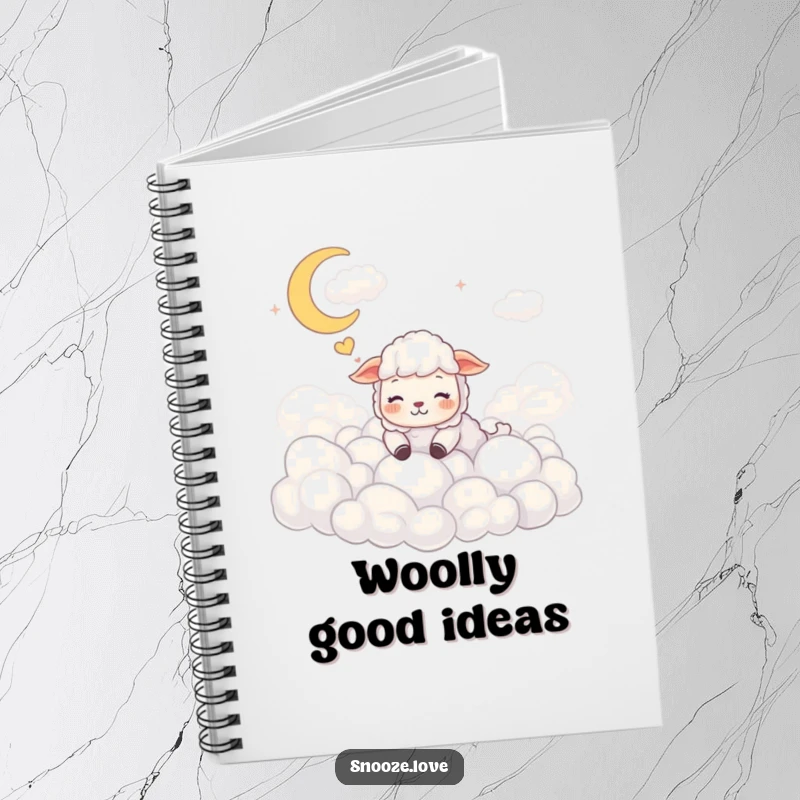 Funny sheep notebook with a dreaming sheep among clouds, perfect for jotting down thoughts with whimsical, fluffy humor.