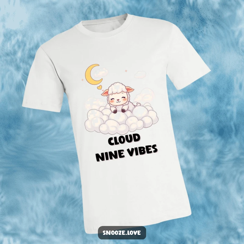 Funny sheep t-shirt showing a happy sheep dreaming amongst fluffy clouds, radiating peaceful sleep and gentle humor.