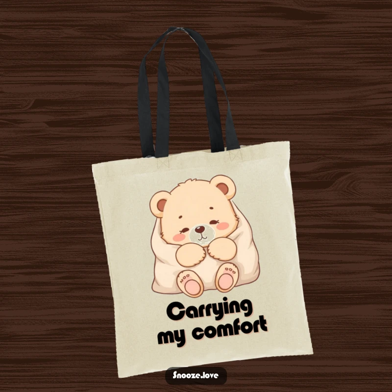 Funny bear cub tote bag with a snuggled bear cub, perfect for carrying items with adorable, cozy charm.