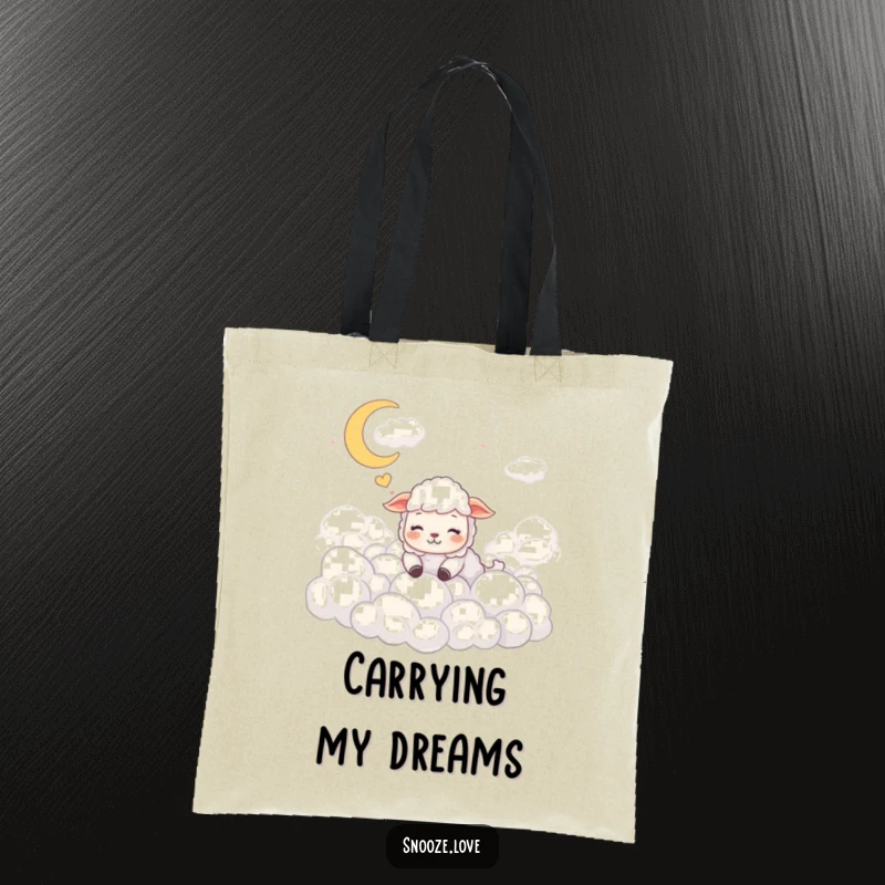 Funny sheep tote bag with a dreaming sheep among clouds, perfect for carrying items with whimsical, fluffy charm.